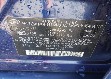 2012 Hyundai Sonata Gls from USA, damaged, VIN 5NPEB4ACXCH369780